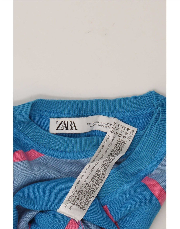 Zara Damen Crop Vest Top UK 12 Mittelblau gestreifte Viskose