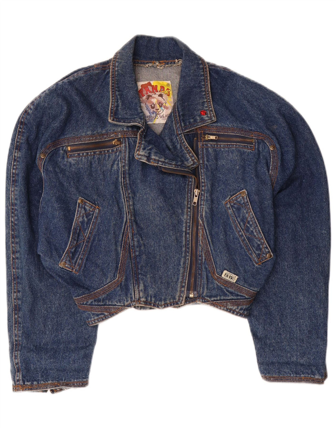 Panda Damen übergroße bauchfreie Jeansjacke mit 3/4-Ärmeln, EU 36, klein, Blau