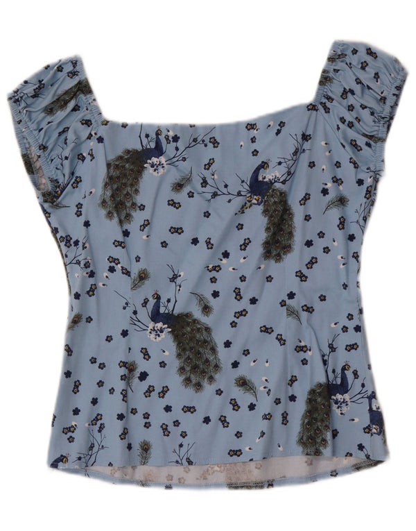 Collectif Damen Crop Bluse Top UK 14 Mittelblaue Baumwolle mit Animal-Print