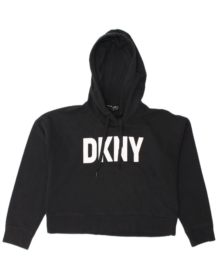 Dkny Womens Oversized Crop Graphic Hoodie Pullover UK 14 Mittelschwarze Baumwolle