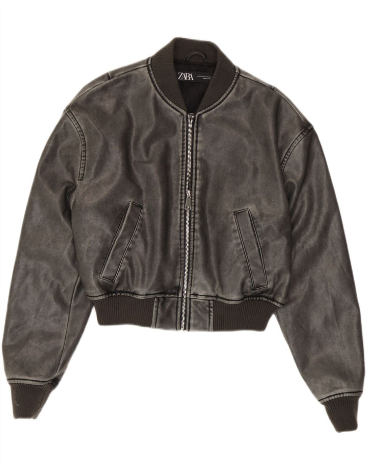 Übergroße Bomberjacke aus Kunstleder von Zara für Damen, UK 6, XS, graues Polyurethan