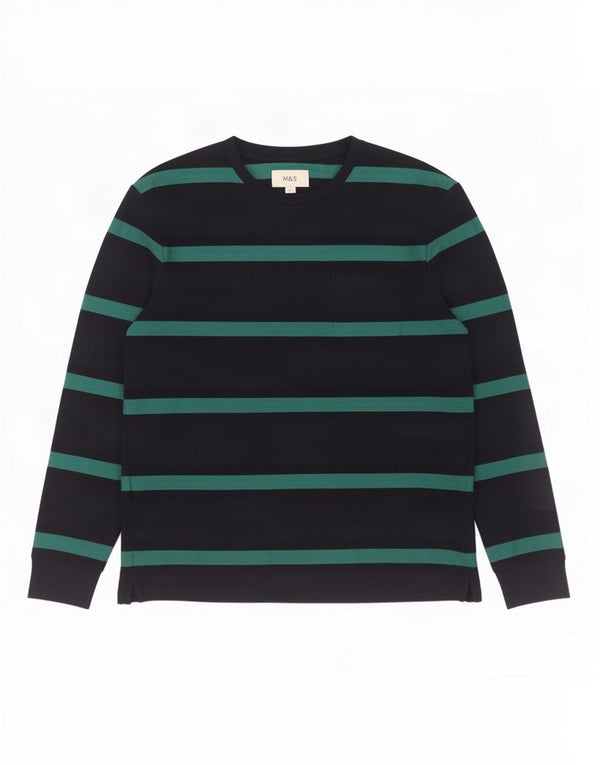 Marks & Spencer Mens Top Long Sleeve Large Navy Blue Striped Cotton