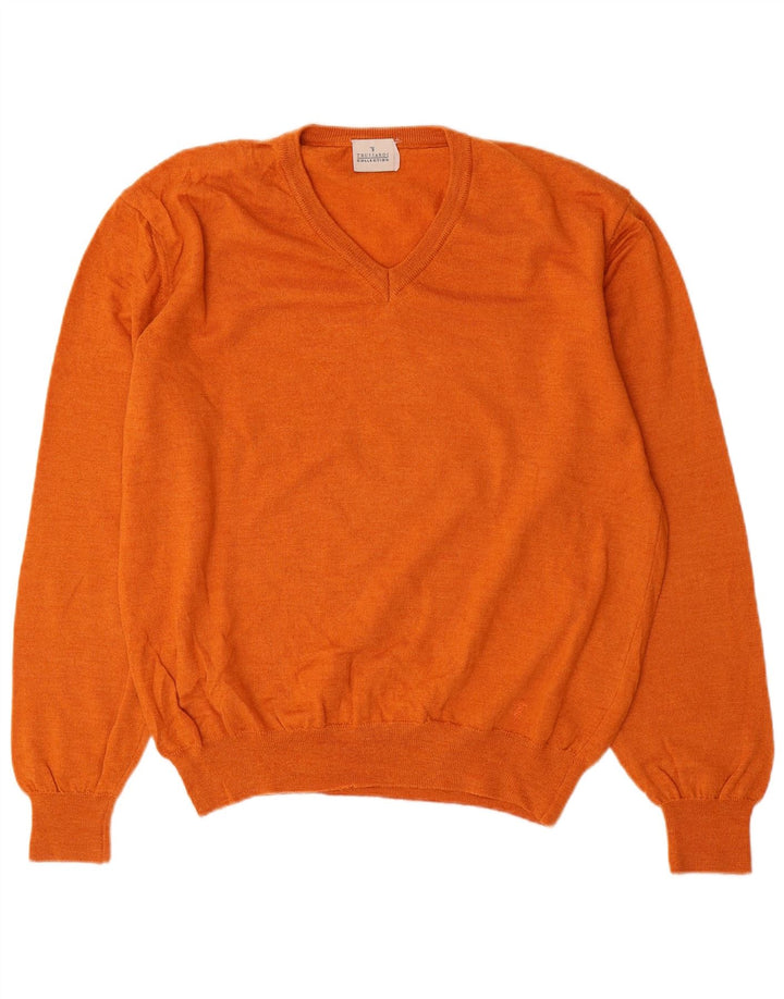 TRUSSARDI Damen Pullover mit V-Ausschnitt UK 20 2XL Orange Wolle