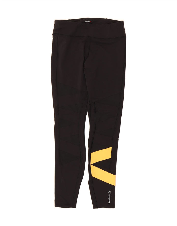 REEBOK Womens Graphic Leggings UK 8/10 Small  Black Nylon Vintage Reebok and Second-Hand Reebok from Messina Hembry 