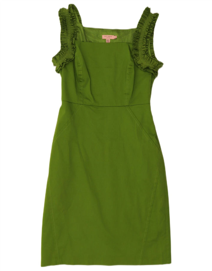 Ärmelloses Etuikleid mit Rüschen für Damen von Ted Baker, Größe 3, mittelgrüne Baumwolle