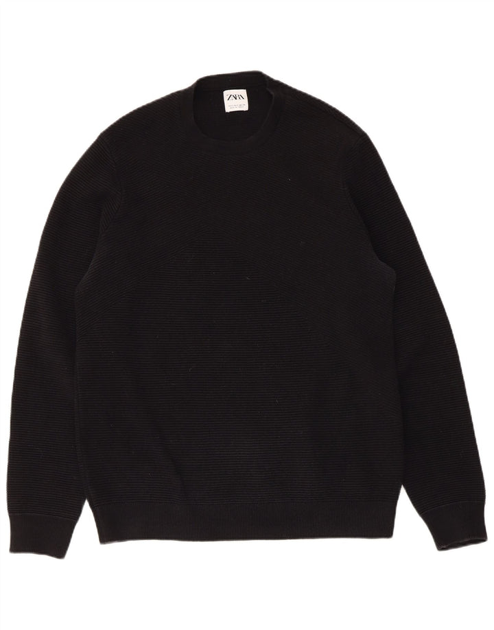 ZARA Herren-Pullover mit Rundhalsausschnitt, Größe S, schwarze Baumwolle