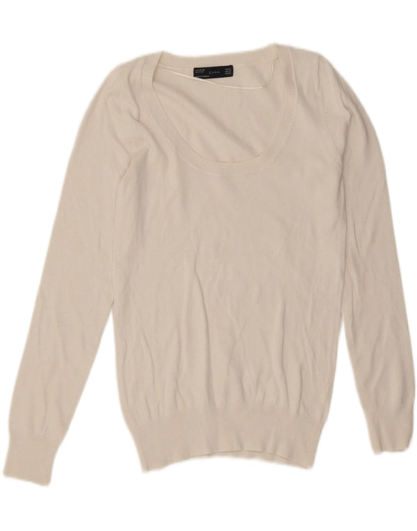 Zara Damen-Pullover mit U-Boot-Ausschnitt, UK 6 XS, weiße Baumwolle