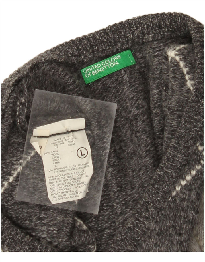 BENETTON Herren-Pullover mit V-Ausschnitt, groß, graue Argyle-/Diamantwolle