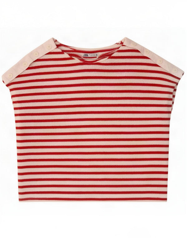 Zara Damen Crop T-Shirt Top UK 14 Mittelrot gestreift Polyester