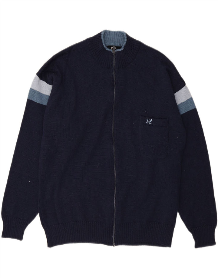 VINTAGE Mens Cardigan Sweater Medium Navy Blue Colourblock Polyacrylic Vintage Vintage and Second-Hand Vintage from Messina Hembry 