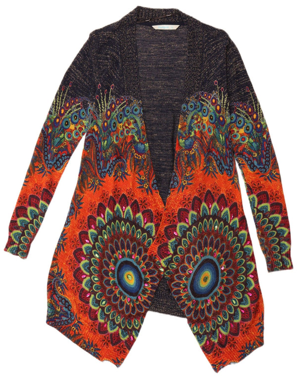 Desigual Damen Asymmetrischer offener Cardigan-Pullover UK 6 XS Marineblau mit Blumenmuster
