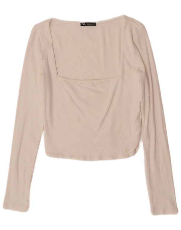 Zara Damen Crop Top Langarm UK 14 Large Off White Baumwolle