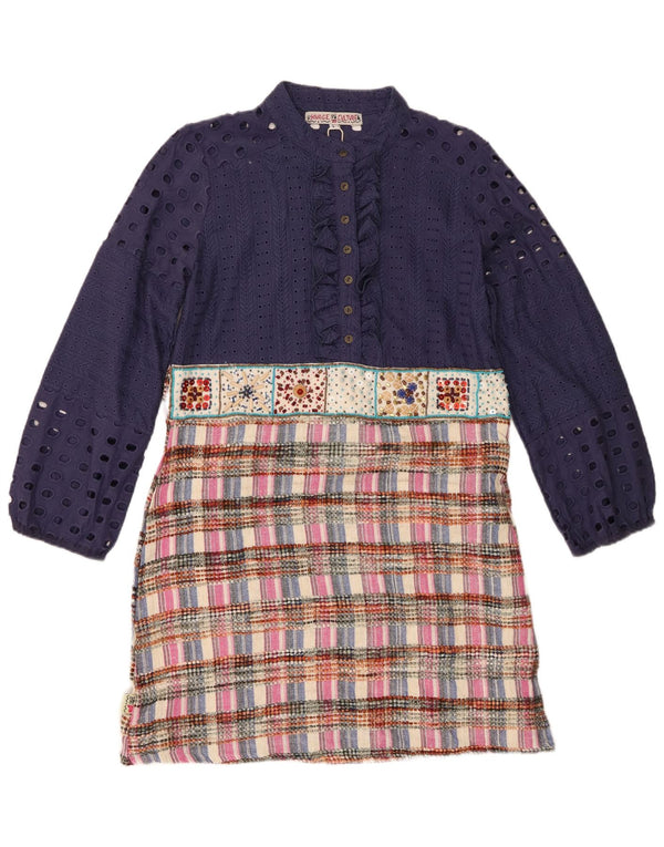 Vintage Damen Etuikleid mit Rüschen vorne, UK 14, großes marineblaues Patchwork