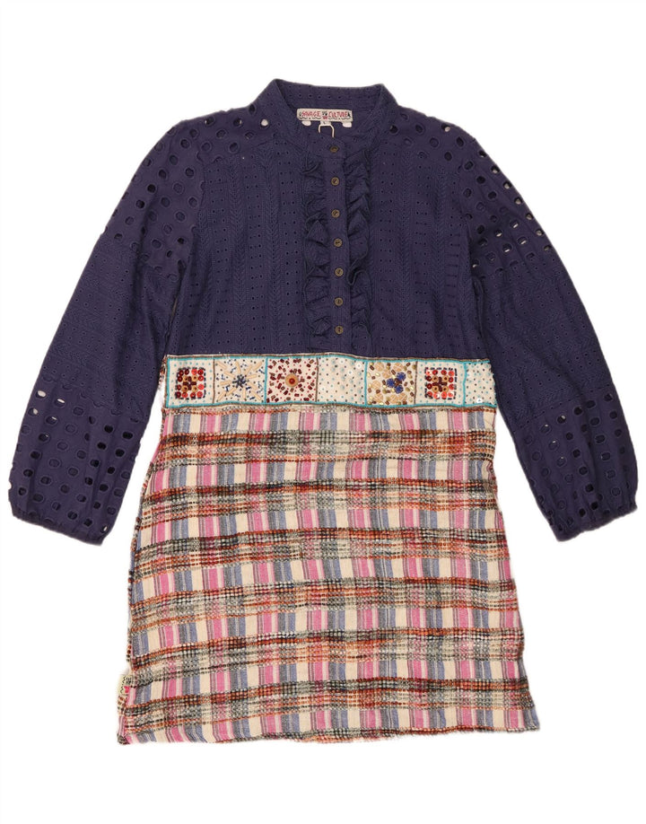 Vintage Damen Etuikleid mit Rüschen vorne, UK 14, großes marineblaues Patchwork