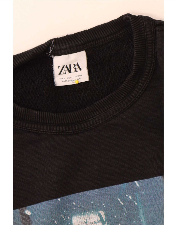 Zara Herren-Sweatshirt mit Grafik, groß, aus schwarzer Baumwolle