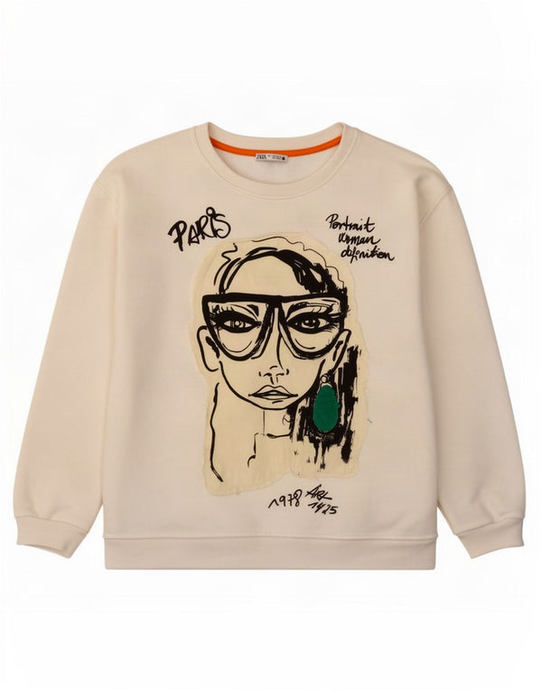 Zara Damen-Sweatshirt in Übergröße mit Grafik, Gr. 10, Größe S, Weiß, Polyester