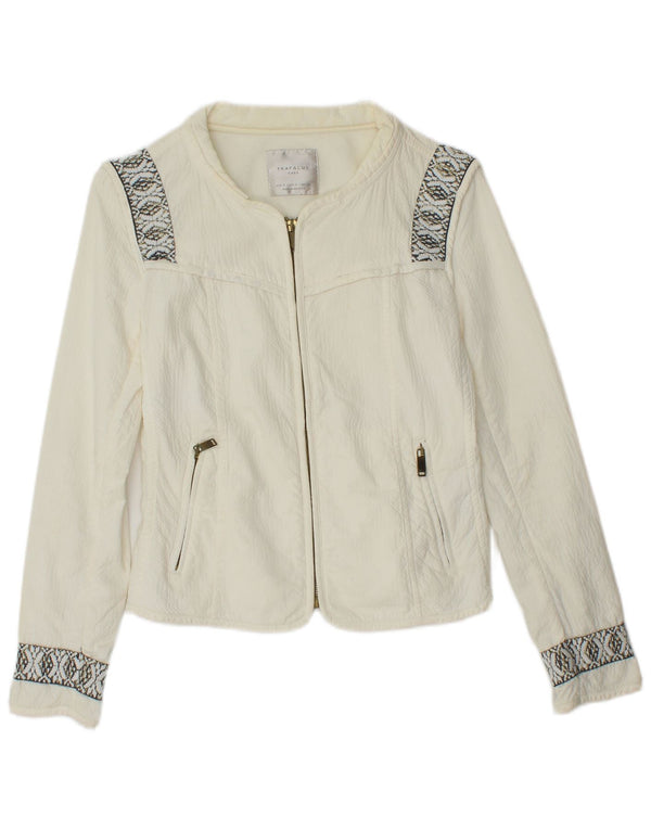 ZARA Damen Crop Übergroße Bomberjacke UK 10 Small Off White Geometrisch