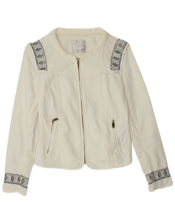 ZARA Damen Crop Übergroße Bomberjacke UK 10 Small Off White Geometrisch