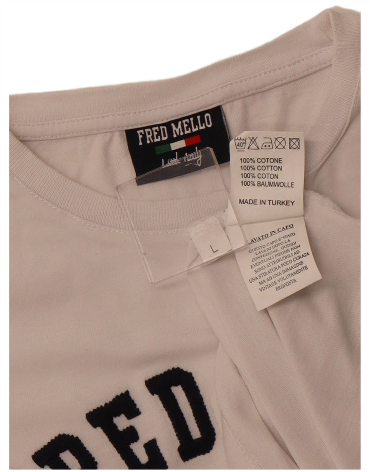 FRED MELLO Herren-T-Shirt mit Grafik, Größe L, aus weißer Baumwolle