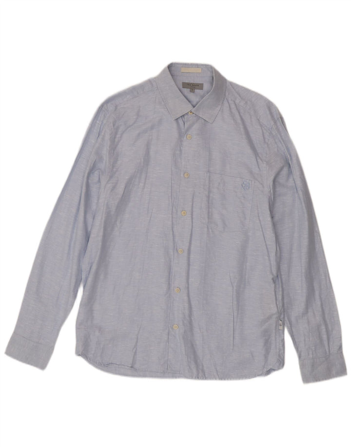 Ted Baker Herrenhemd, Größe 4, groß, blau geflecktes Leinen