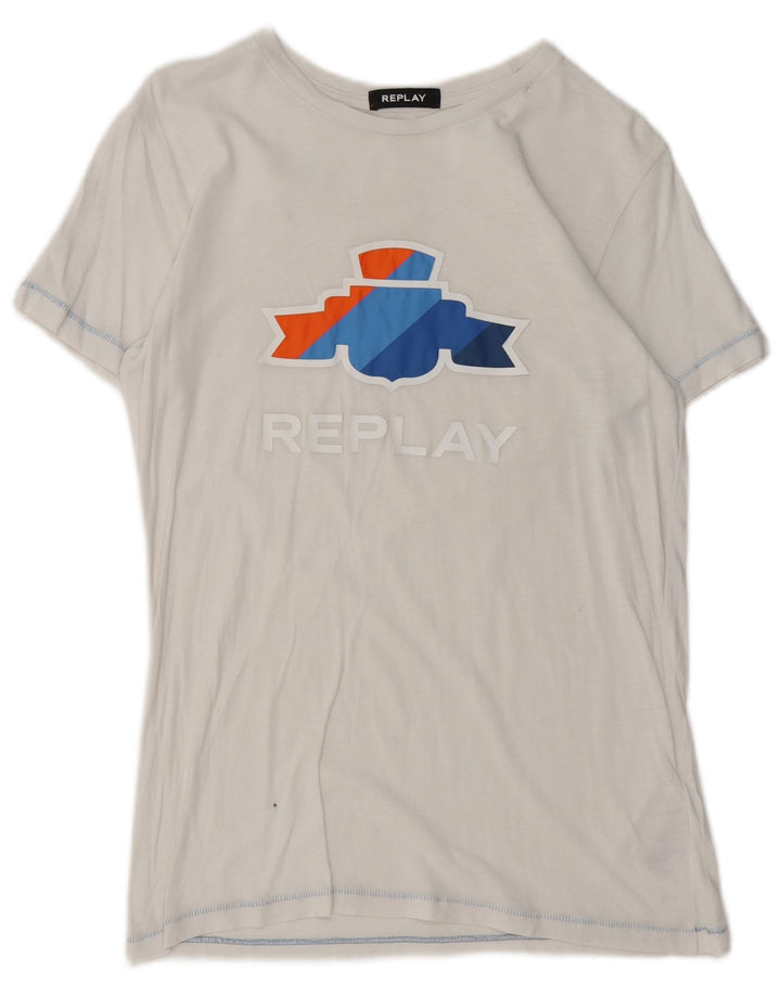 REPLAY Damen-T-Shirt mit Grafik, UK 12, mittelweiße Baumwolle