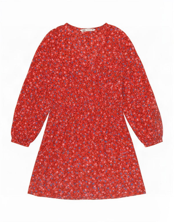 Zara Damen-Kleid mit 3/4-Ärmeln, gestuftes Kleid, Größe S, Rot, Blumenmuster, Polyester