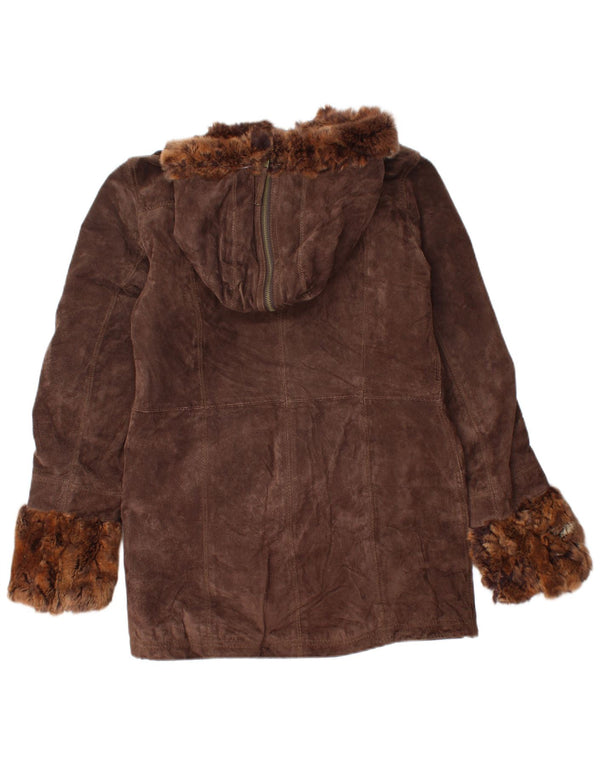 Conbipel Womens Hooded Suede Overcoat IT 44 Medium Brown Leather