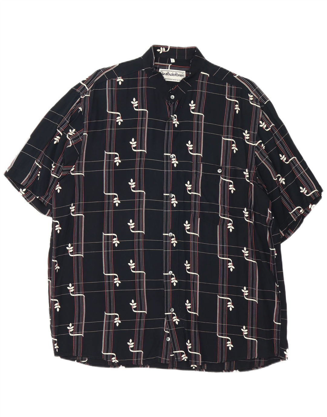 Vintage Herren Kurzarmhemd Große schwarze geometrische Viskose