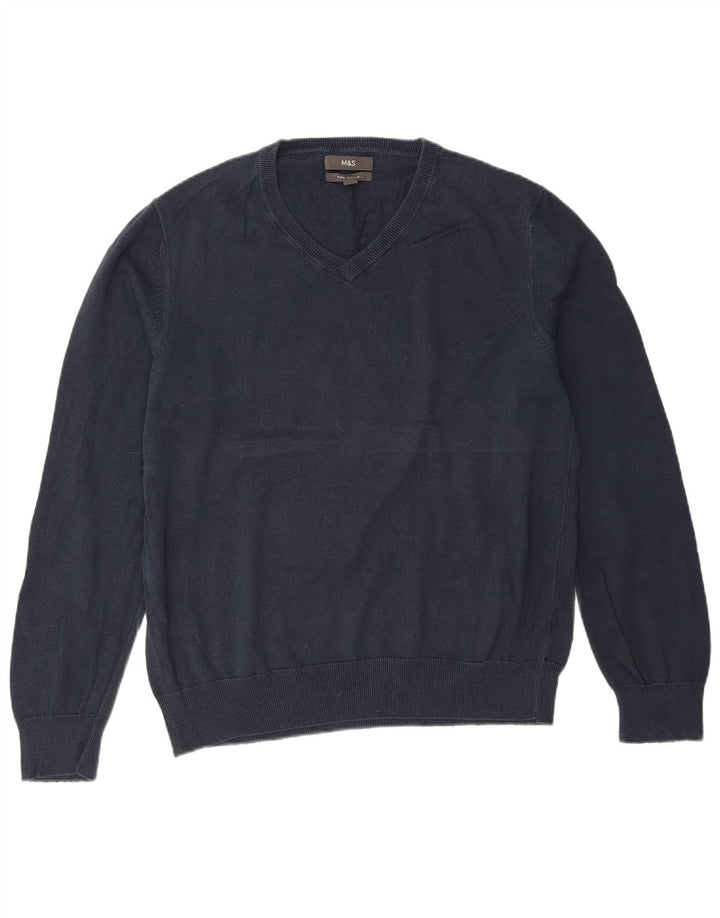 Marks & Spencer Herren-Pullover mit V-Ausschnitt, groß, marineblaue Baumwolle