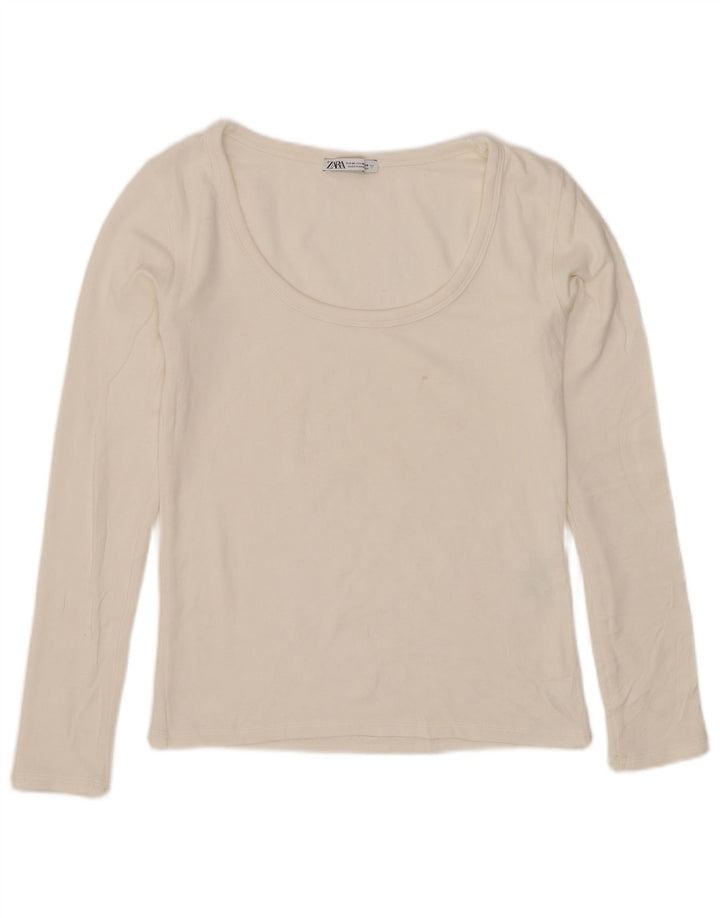 Zara Damen Crop Top Langarm UK 12 Mittelweiße Baumwolle