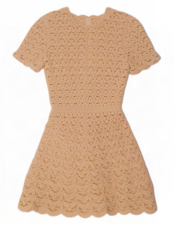 Vintage Damen Kurzärmeliges Häkelpulloverkleid UK 10 Small Beige