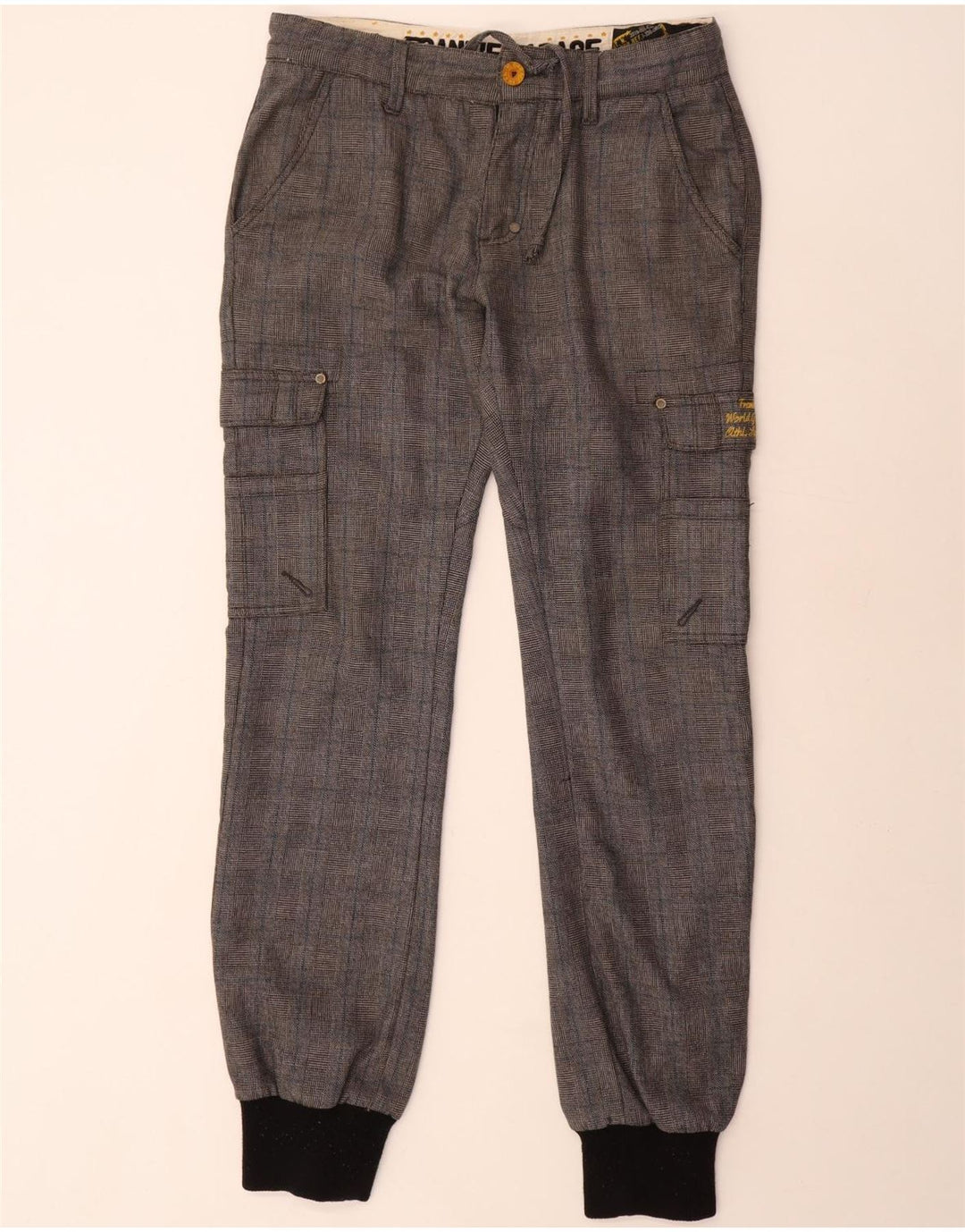 Frankie Garage Herren-Jogger-Cargohose W33 L34 grau kariertes Polyester