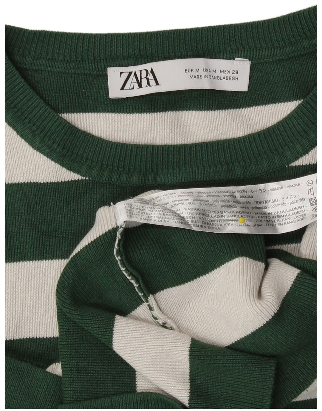 Zara Damen Crop Top Langarm UK 12 Mittelgrün gestreift Viskose