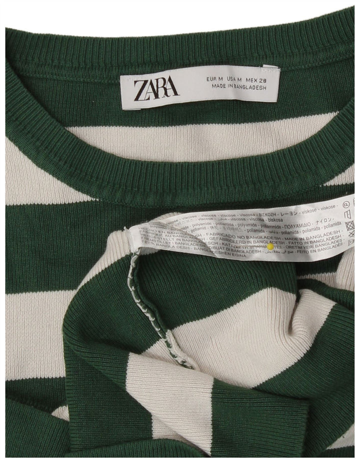 Zara Damen Crop Top Langarm UK 12 Mittelgrün gestreift Viskose