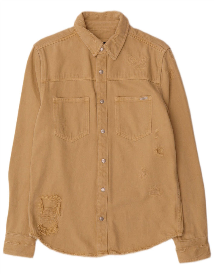 Zara Herren Jeanshemd im Distressed-Look, entspannte Passform, Größe S, Beige, Baumwolle