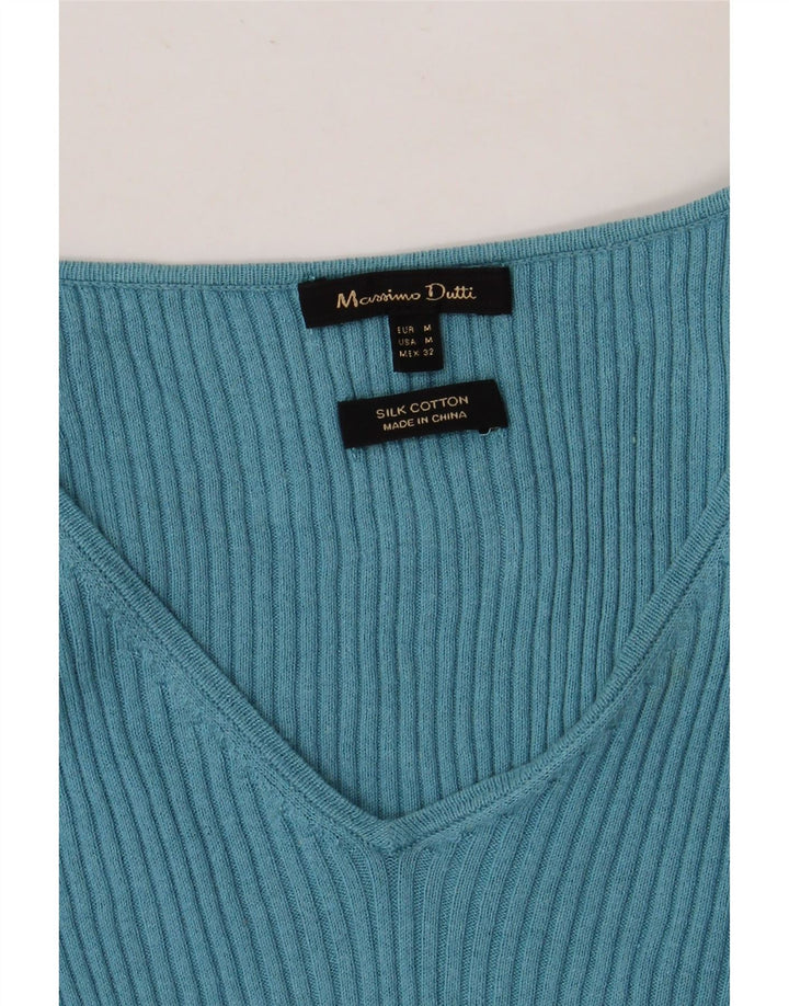 Massimo Dutti Damen-Pullover mit V-Ausschnitt, UK 12, mittelblaue Seide