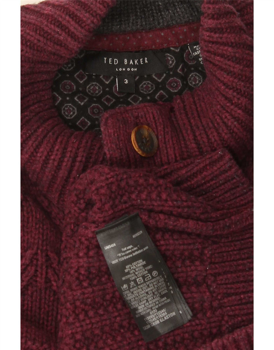 Ted Baker Herren-Pullover mit Knopfkragen, Größe 3, mittlere burgunderrote Baumwolle
