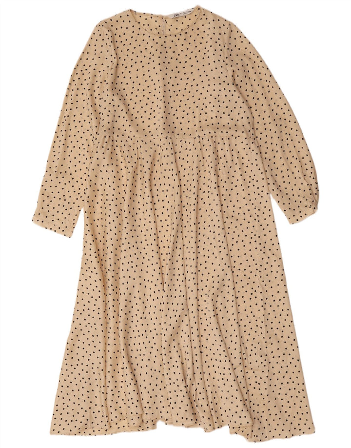 Zara Damen-Maxikleid mit langen Ärmeln, UK 14, mittelbeigefarbenes, gepunktetes Polyester