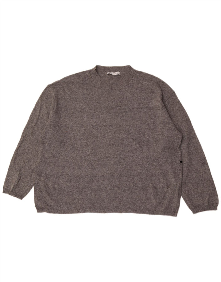 Zara Damen-Pullover, übergroß, Rundhalsausschnitt, Gr. 42, Größe L, graue Wolle