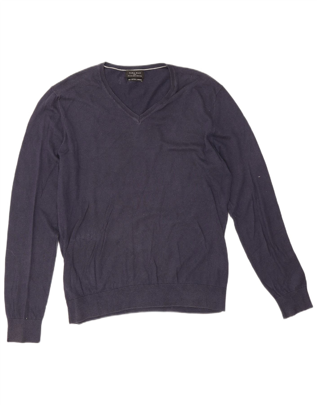 Zara Herren-Pullover mit V-Ausschnitt, groß, marineblaue Baumwolle