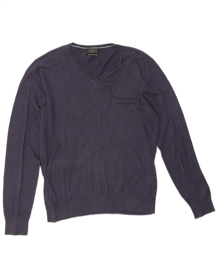 Zara Herren-Pullover mit V-Ausschnitt, groß, marineblaue Baumwolle