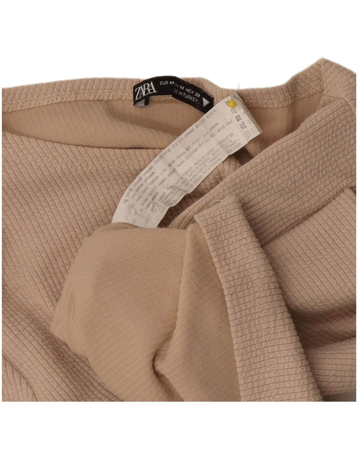 Zara Damen Crop Top Langarm UK 12 Medium Beige Polyester