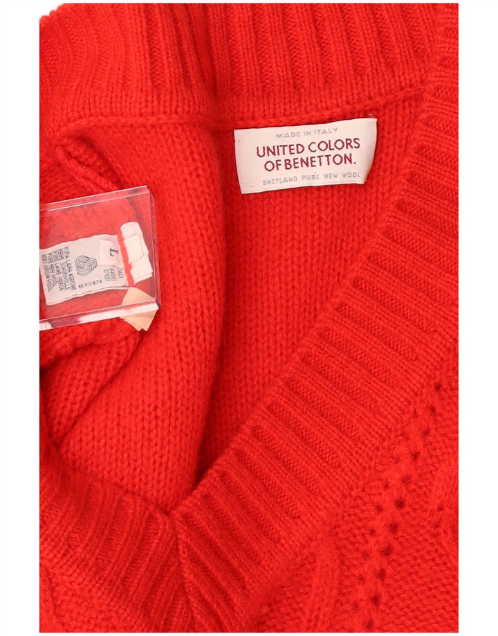 BENETTON Herren-Pullover mit V-Ausschnitt, groß, rote Schurwolle