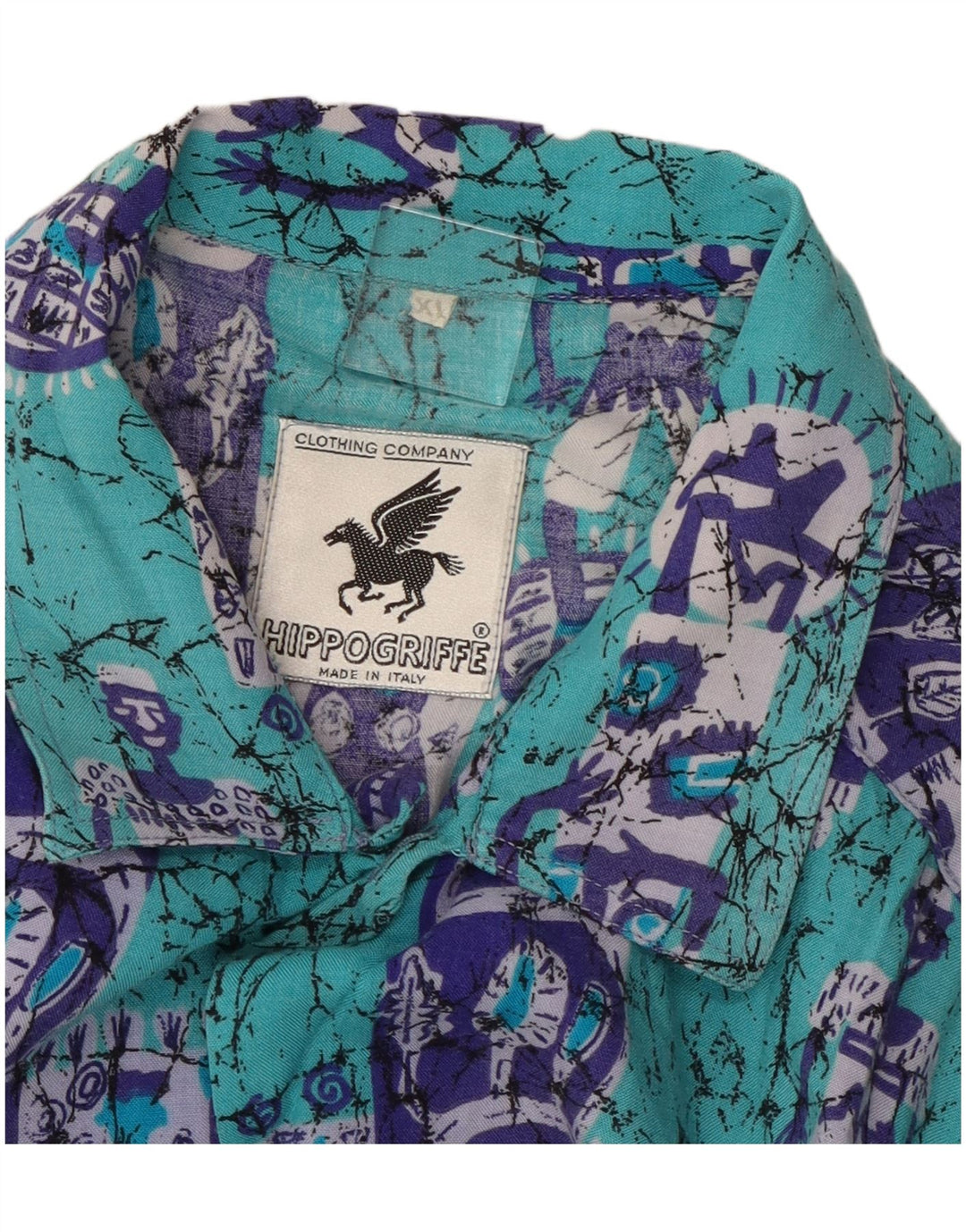 VINTAGE Herren Kurzarmhemd XL Blau Patchwork Baumwolle