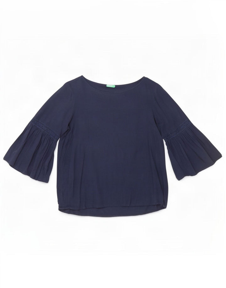 Benetton Damen-Blusenoberteil mit 3/4-Ärmeln, UK-Gr. 12, mittelmarineblaue Viskose