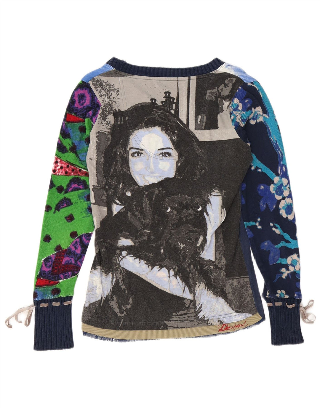 DESIGUAL Womens Graphic Top Langarm UK 14 Mittel Marineblau Blumen