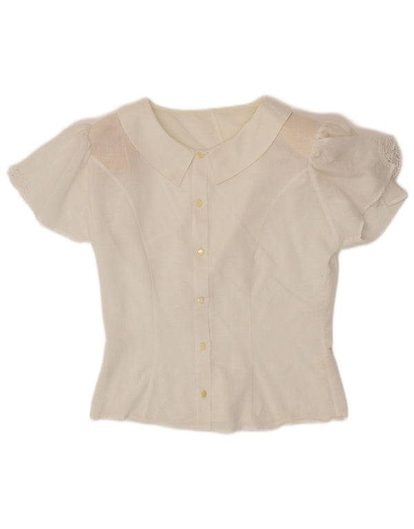 VINTAGE Damen Kurzarm-Hemdbluse UK 12 Mittelweiße Baumwolle