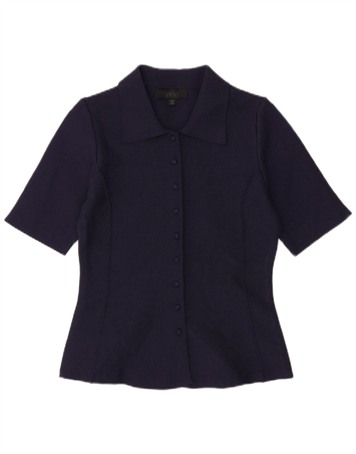 ZARA Damen Kurzarm-Hemdbluse UK 12 Medium Marineblau Polyester