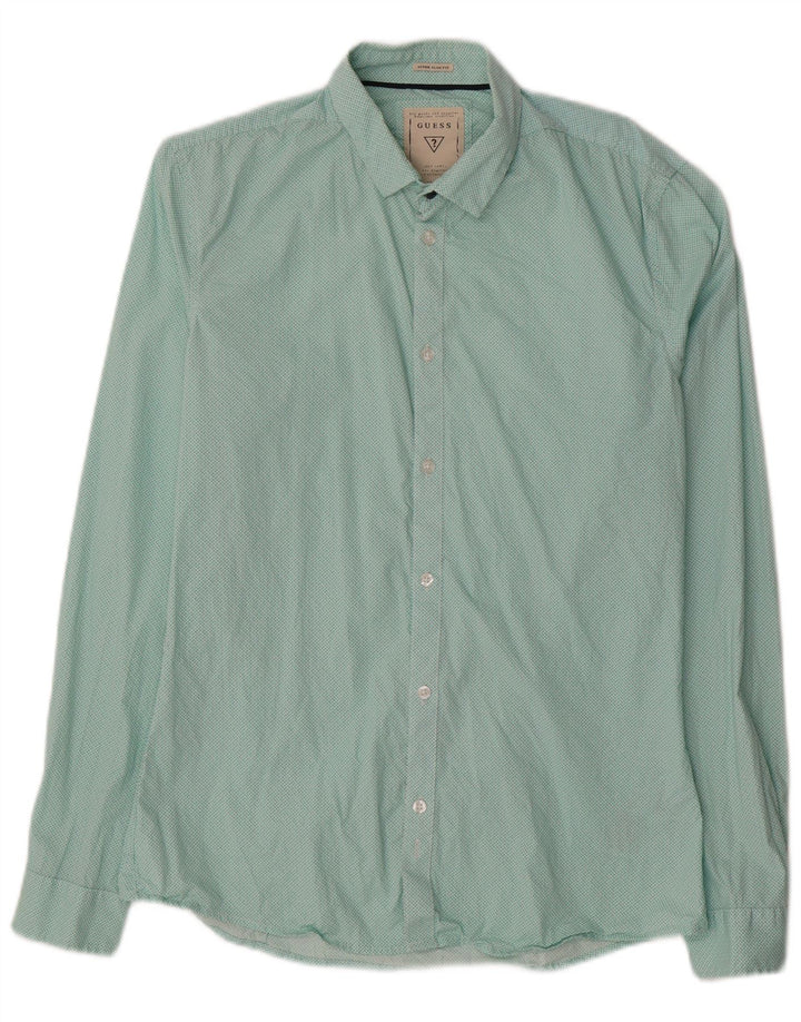 GUESS Mens Shirt Large Blue Spotted Cotton