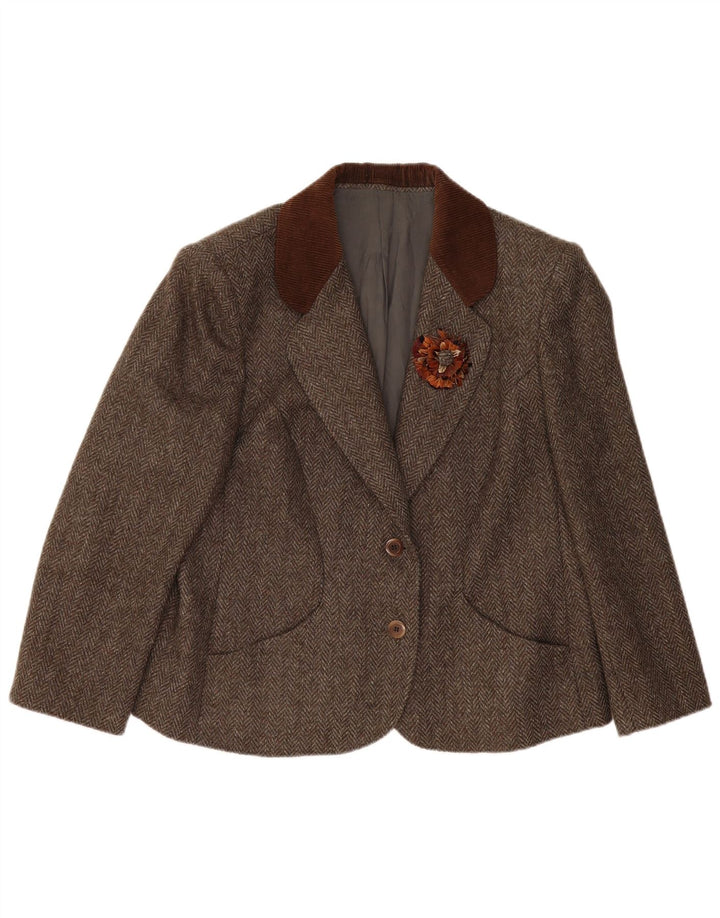 Vintage Damen 2-Knopf-Blazerjacke UK 14 Großes braunes Fischgrätenmuster